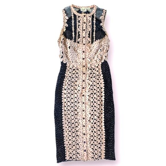 Beguile by Byron Lars Women's Knee Length Dress Size 4 Navy Blue Pink Laser Cut - Picture 1 of 17